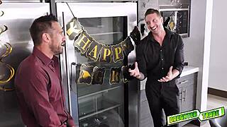 horny brunette and redhead teens kneel side by side sucking cock in bras 😏