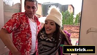 Brazilian babe french vixen double team landlord's monster cock blowbang.