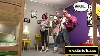 Brazilian babe french vixen double team landlord's monster cock blowbang.