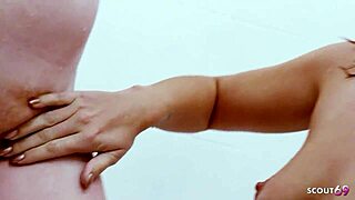 tanned milf seduces pale blonde under shower for steamy lesbian lick