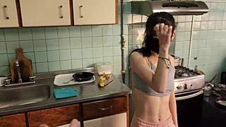 service girl bends over kitchen counter teasing her boss's cock inside 