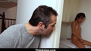 caught this petite asian teen dildoing her tight pussy in the garage... now she gets roughly punished