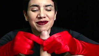 Thick cum drips down luxurious red opera gloves after intense handjob fetish session