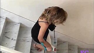 German teen in cast leg gets spanked hard on stairs then outdoor in nylons for kinky pain play