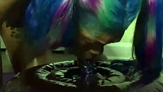 Ebony pornstar rides big black cock during wet workout