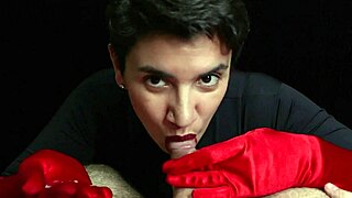 Thick cum drips down luxurious red opera gloves after intense handjob fetish session