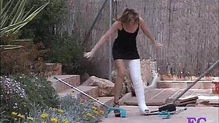 German teen in cast leg gets spanked hard on stairs then outdoor in nylons for kinky pain play