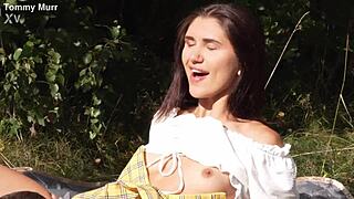 couple bangs wildly outdoors with creampie in wet shaved pussy