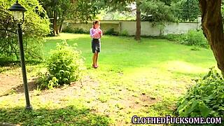 Clothed European beauty takes outdoor spunk in stockings heels