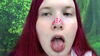 Chubby redhead shemale shakes booty then rides dildo up close