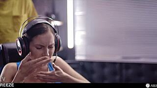 Boom, gamer girl frozen mid-match gets bent over for doggystyle banging creampie and cum swallow!