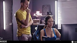 Boom, gamer girl frozen mid-match gets bent over for doggystyle banging creampie and cum swallow!