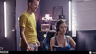 Boom, gamer girl frozen mid-match gets bent over for doggystyle banging creampie and cum swallow!