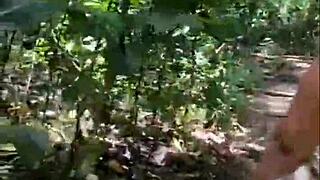 Friends follow her flashing big ass in the woods