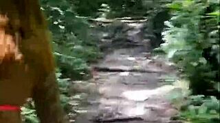 Friends follow her flashing big ass in the woods