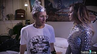 wanna see nerd pound busty milf then she straps him hard?