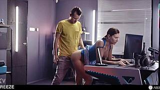 Boom, gamer girl frozen mid-match gets bent over for doggystyle banging creampie and cum swallow!