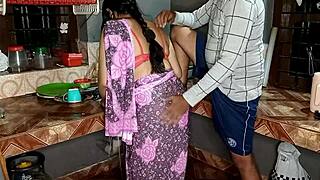young maid in saree bends for kitchen pussy pounding