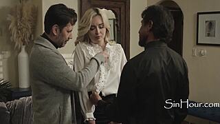 three priests corner a petite blonde in the cinema for taboo banging