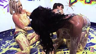 three huge fake tits babes dive into wild lesbian action fingering and licking