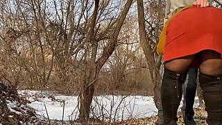 my hot stepmom pulls me outside to pee together in the wild