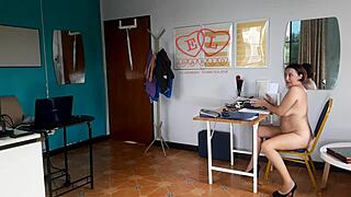 shy nudist secretary bares curvy tits ass pussy nipples for boss at work