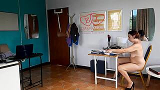 shy nudist secretary bares curvy tits ass pussy nipples for boss at work