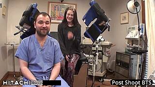 doctor forces hitachi vibrator orgasms on shaved patient lainey's tight pussy backstage