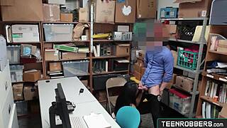 hey burglar, wanna fuck this sexy ebony teen doggystyle for stealing from the shop?