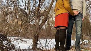 my hot stepmom pulls me outside to pee together in the wild