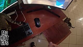 my girlfriend comes home from work catching me stroking my hard cock