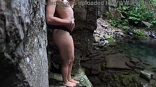 perfect athletic brunette bunny undresses fingers shaved pussy outdoors to orgasm