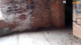 girl pegs boyfriend roughly in abandoned house outdoors