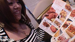 after dinner in tokyo, she rides cowgirl then takes creampie doggystyle wet pussy pounding