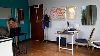 shy nudist secretary bares curvy tits ass pussy nipples for boss at work