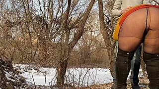my hot stepmom pulls me outside to pee together in the wild