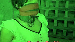 Bdsm sub bound to poles choked gagged deepthroats vibrator dildo