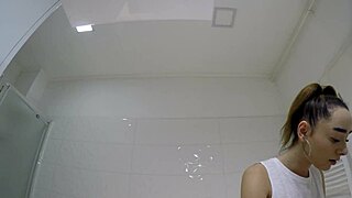 HORNY Brunette Coed Lifts Mini Skirt in Bathroom Revealing Panties Thong and Bare Pussy