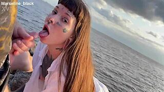 Brunette teen sucks cock deepthroat on beach, swallows cum mouthful public outdoor facial