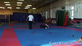 Lesbian babes rim asses finger pussies lick in sexy wrestling costumes