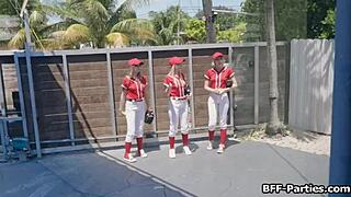 Pov home run foursome hits with baseball besties in tight uniforms