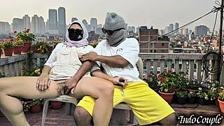 Step-sis on balcony begs for my hands on her hairy pussy then outdoor fuck!