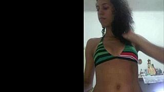 Juicy Latina Teases Shaved Pussy in Red Bikini Flashing Natural Tits