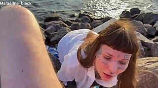 Brunette teen sucks cock deepthroat on beach, swallows cum mouthful public outdoor facial