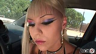 blonde flashes shaved pussy on street then gets fucked rough to cumshot