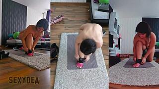 flexing my curvy ass during naked yoga stretch in gym