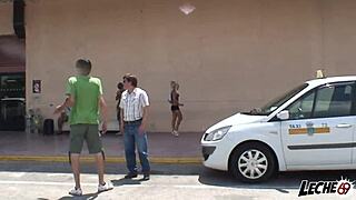 blonde flashes shaved pussy on street then gets fucked rough to cumshot