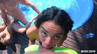 Intense Brazilian couple swap pussy pounding public pool