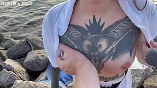 Brunette teen sucks cock deepthroat on beach, swallows cum mouthful public outdoor facial