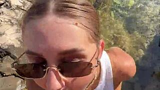 Risky beach blowjob craving turns sloppy deepthroat cumshot for boyfriend